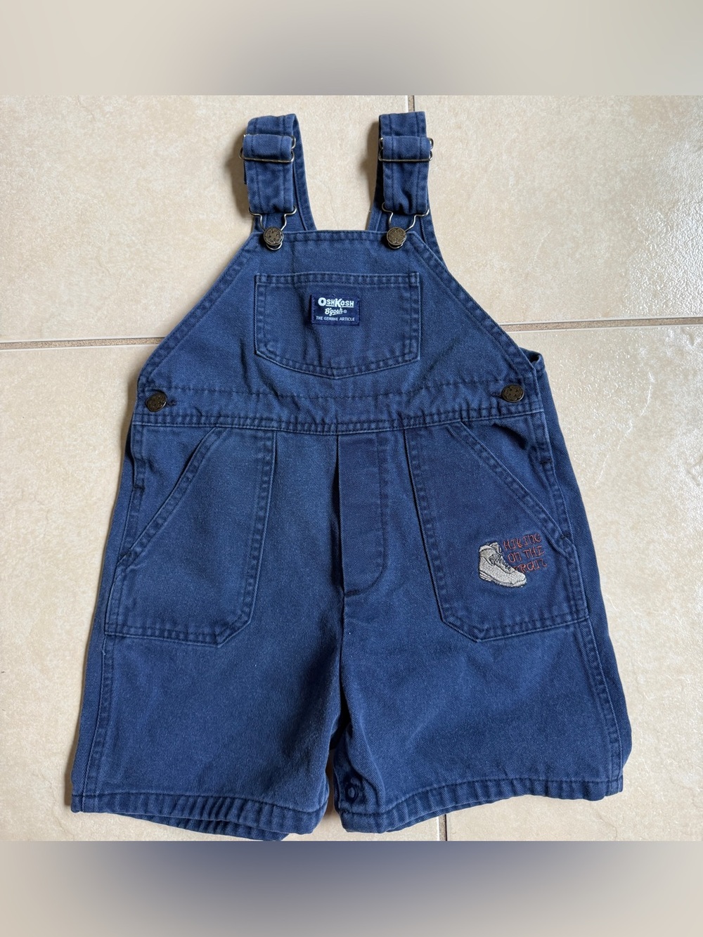 Vintage OshKosh B'gosh Boys Shortalls 3T Blue Hiking Trail Trail Overalls